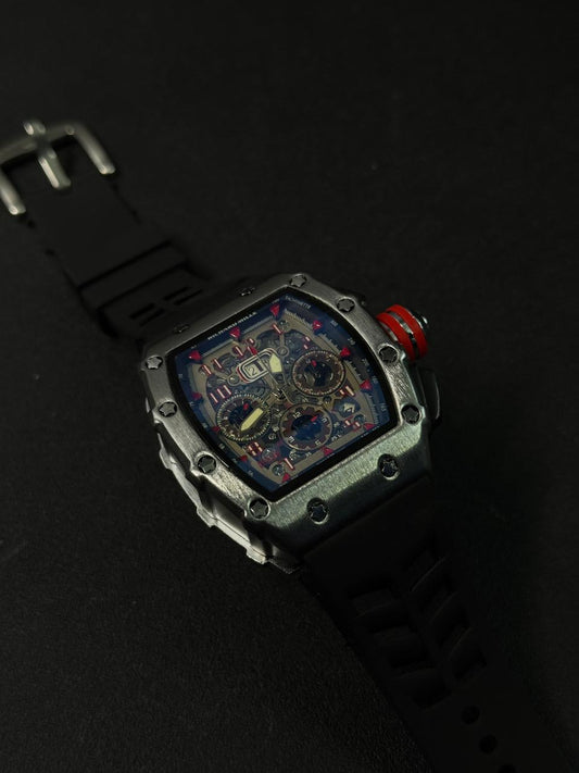 High-end replica watch with transparent mechanical display and rugged black strap