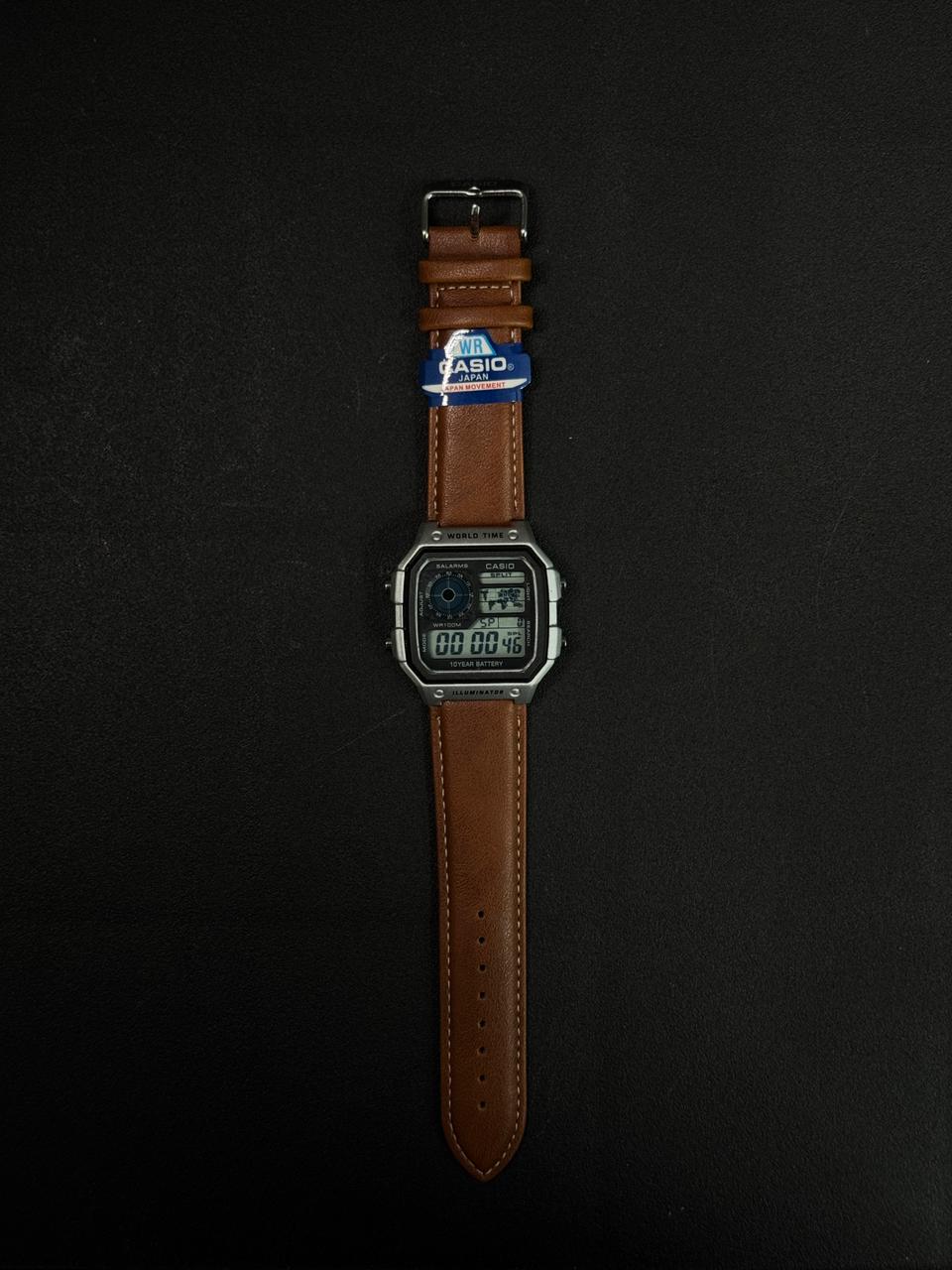 Light brown leather strap replica watch with vintage digital display