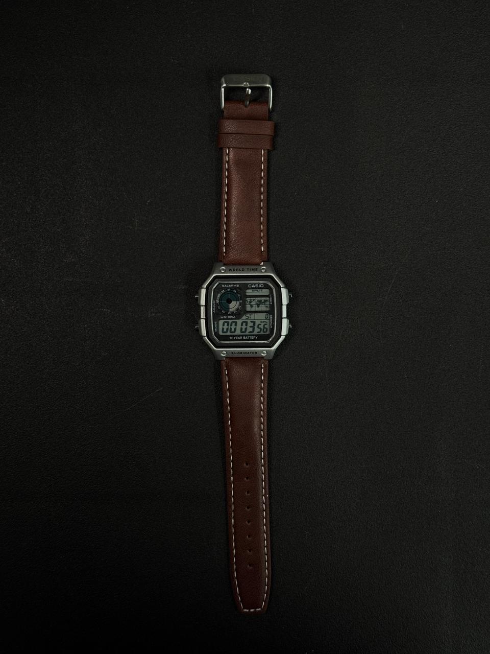 Fashion replica watch with world time function and premium brown leather strap