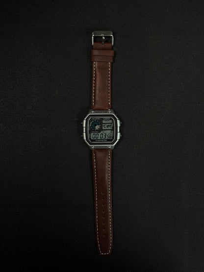 Fashion replica watch with world time function and premium brown leather strap