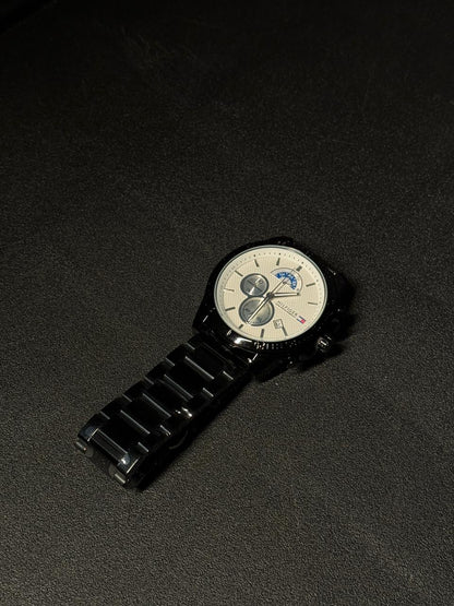 White dial replica watch with black stainless steel strap, luxury men's analog wristwatch featuring multifunction subdials and date display