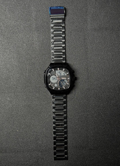 Premium black replica watch featuring analog and digital time display, stainless steel bracelet strap, modern square dial men's wristwatch product photography