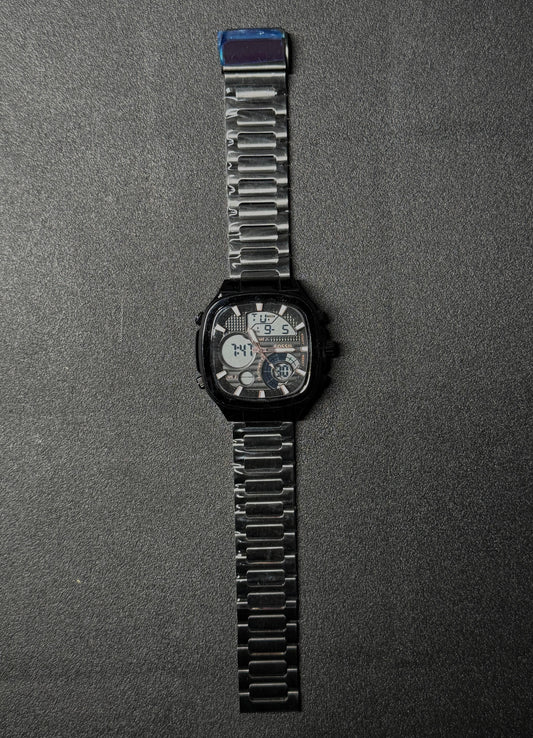 Premium black replica watch featuring analog and digital time display, stainless steel bracelet strap, modern square dial men's wristwatch product photography