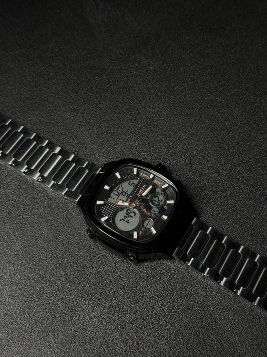 Black stainless steel replica watch with dual analog-digital display, square case design, luxury metal strap, premium men's fashion wristwatch on dark textured background