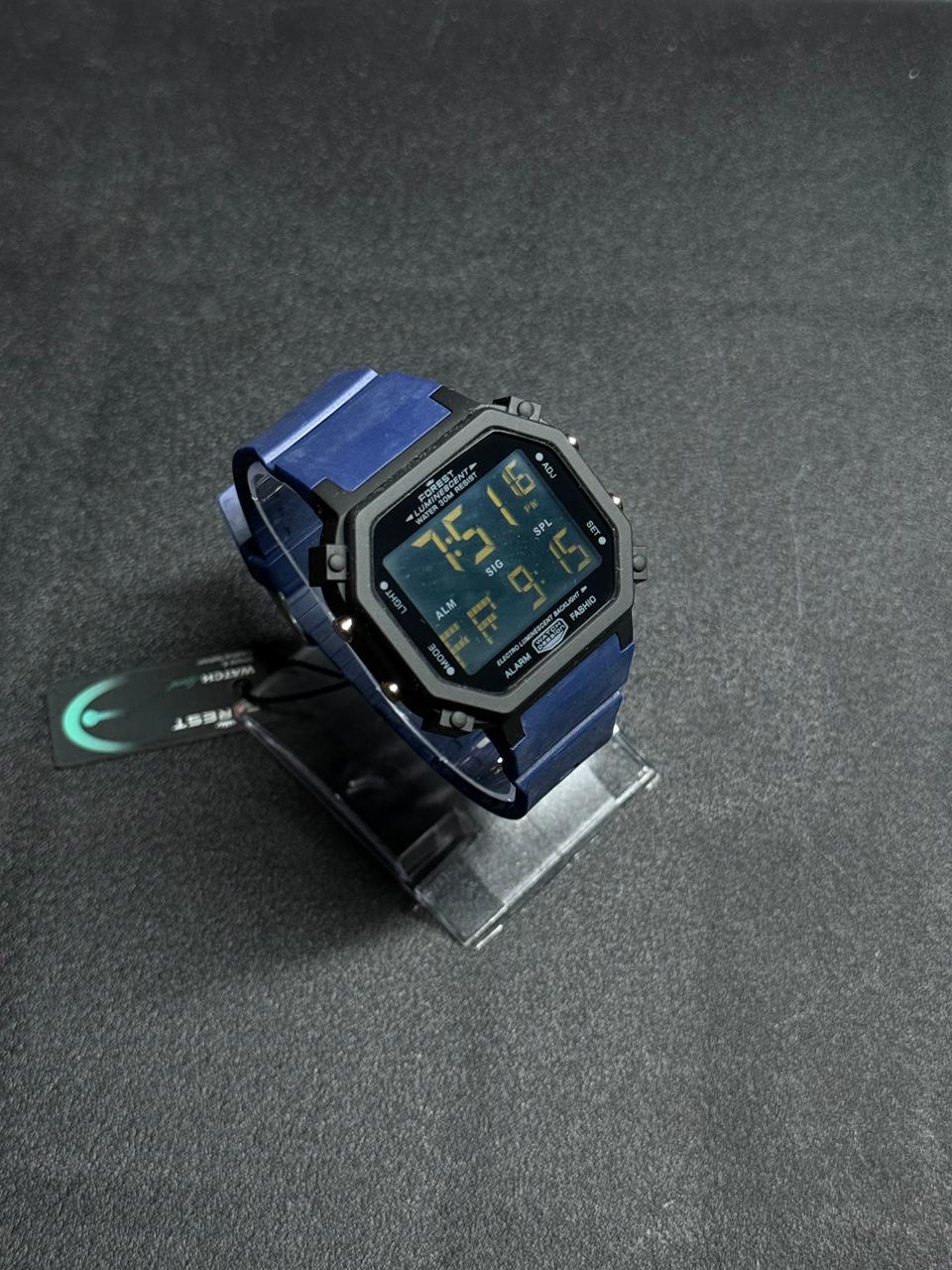 Replica digital sports watch in blue with retro LED display and rugged octagonal case design