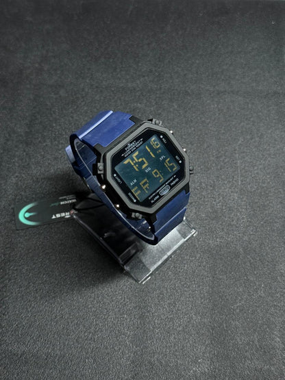 Replica digital sports watch in blue with retro LED display and rugged octagonal case design