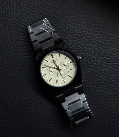 Premium replica watch with black stainless steel bracelet, textured white chronograph-style dial and luxury integrated bracelet design.
