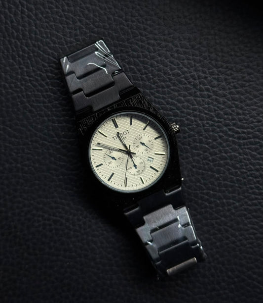Premium replica watch with black stainless steel bracelet, textured white chronograph-style dial and luxury integrated bracelet design.