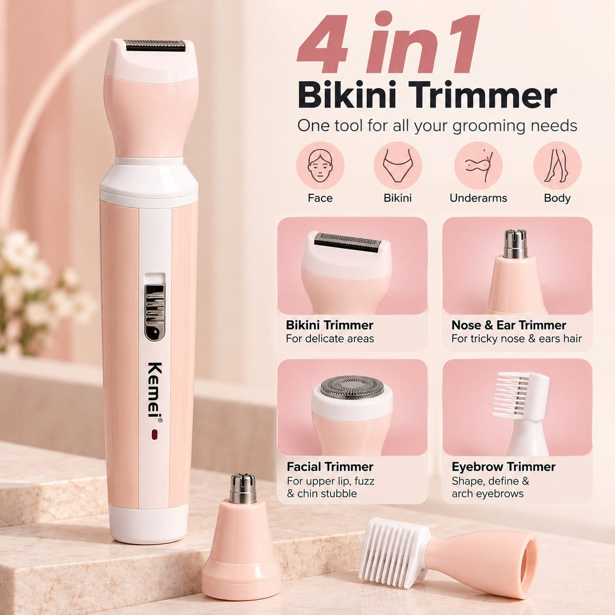 Kemei 4-in-1 women’s bikini trimmer with interchangeable grooming attachments