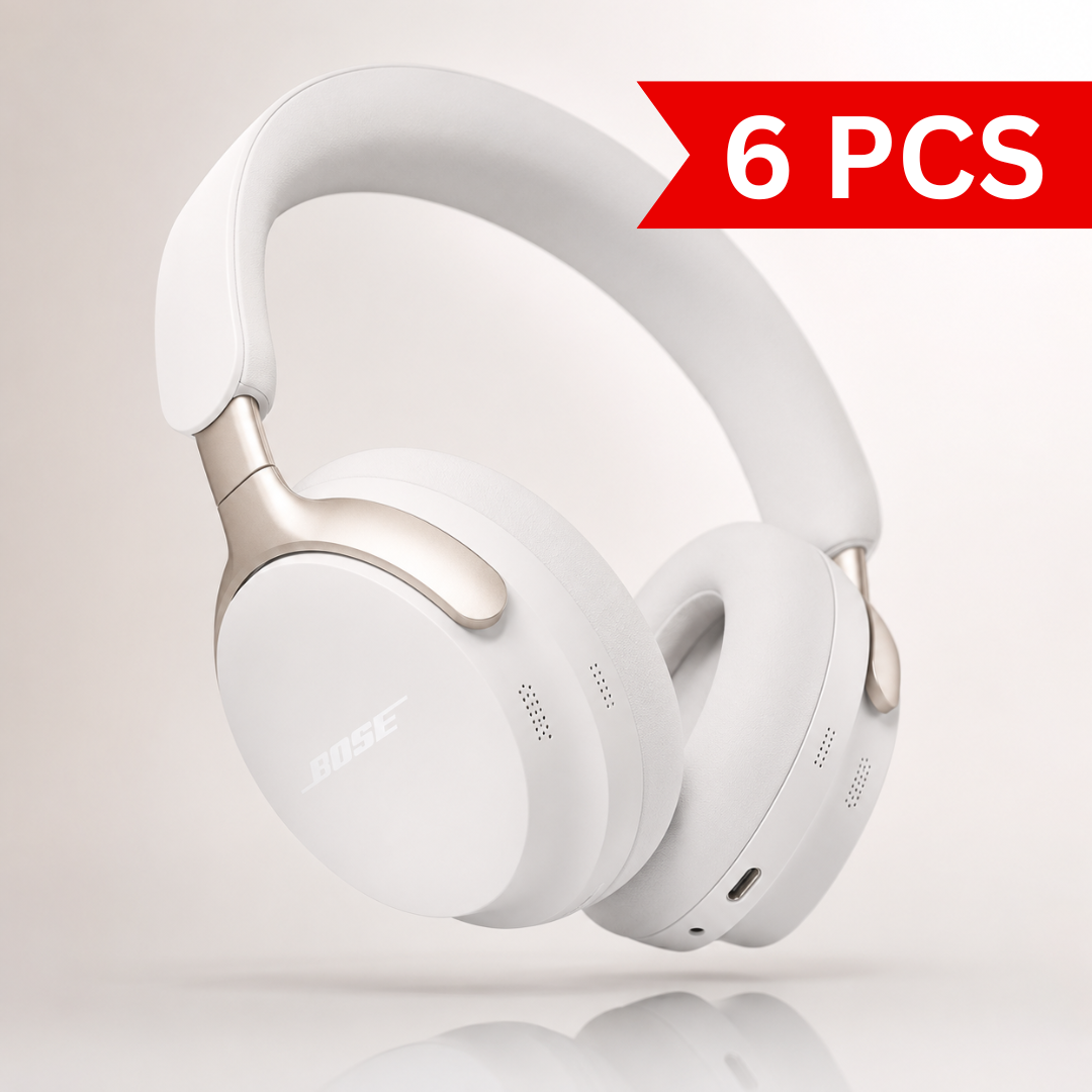 Premium white wireless over-ear Bluetooth noise cancelling headphones with soft memory foam ear cushions, adjustable padded headband, USB-C charging and elegant metallic accents
