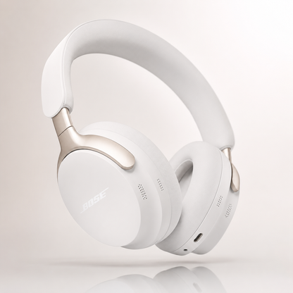 Premium white wireless over-ear Bluetooth noise cancelling headphones with soft memory foam ear cushions, adjustable padded headband, USB-C charging and elegant metallic accents