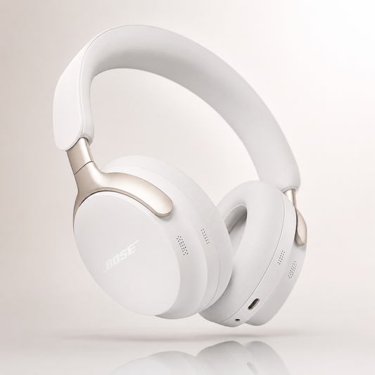 Premium white wireless over-ear Bluetooth noise cancelling headphones with soft memory foam ear cushions, adjustable padded headband, USB-C charging and elegant metallic accents