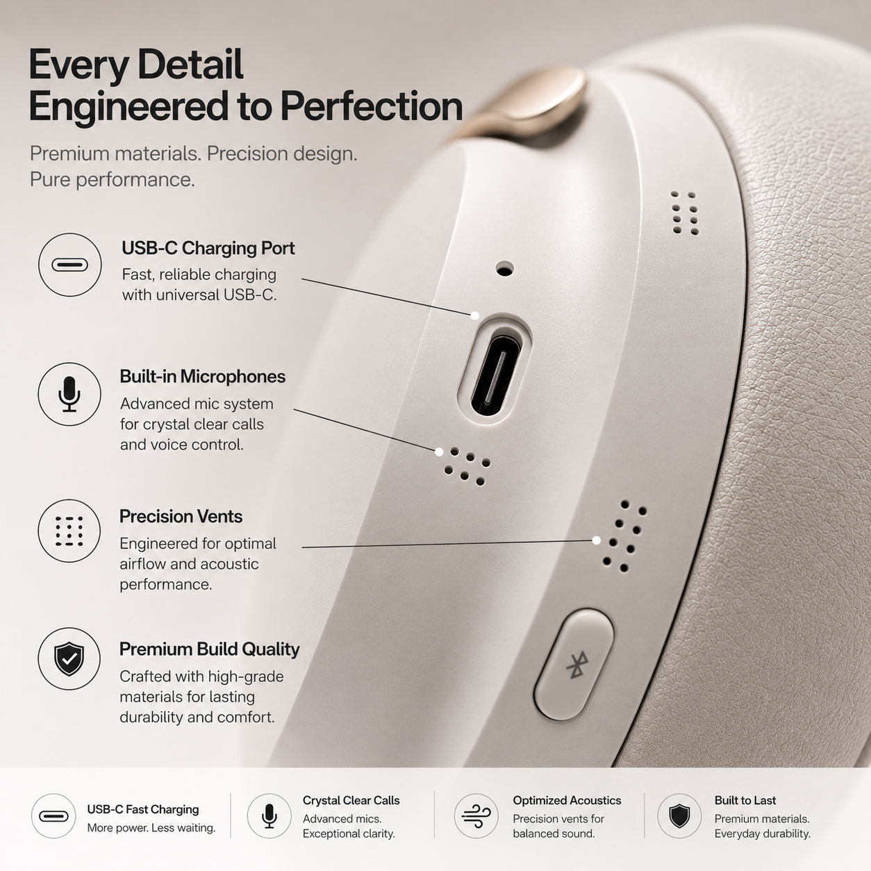 Premium white wireless over-ear Bluetooth noise cancelling headphones highlighting USB-C charging, built-in microphones, precision acoustic vents and durable premium construction with feature callouts.