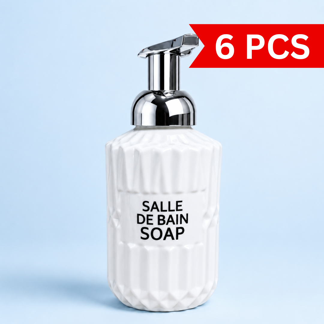 White Ribbed Soap Pump Bottle with chrome dispenser pump, textured ceramic-style body, modern bathroom countertop soap dispenser