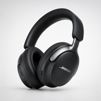 Premium black wireless over-ear Bluetooth noise cancelling headphones with soft memory foam ear cushions, adjustable padded headband and USB-C charging, isolated