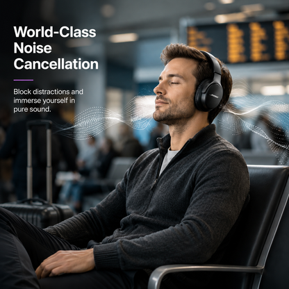 Professional wearing premium wireless noise cancelling over-ear Bluetooth headphones while relaxing in a busy airport, demonstrating immersive audio and distraction-free listening during travel.