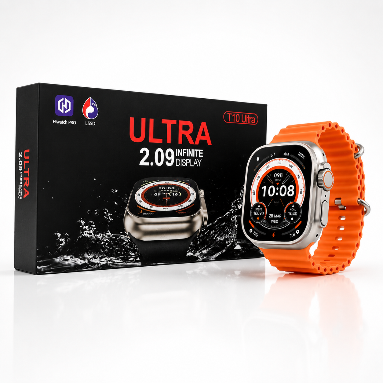 Premium large-display smartwatch with an orange silicone strap positioned beside its retail packaging on a white studio background, showcasing the complete product presentation.