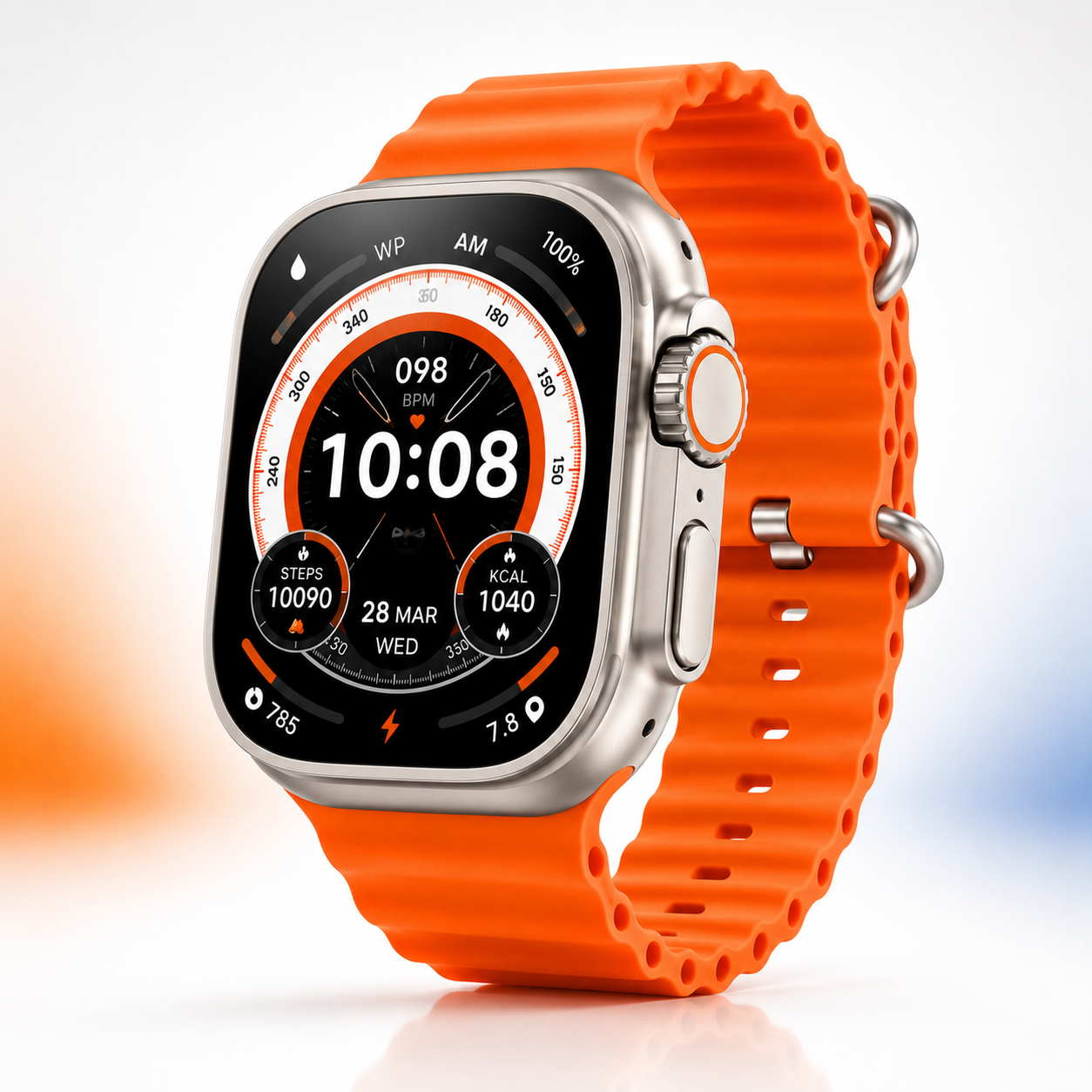 Premium 49mm square smartwatch with a 2.09-inch infinity display, metallic aluminium case, digital crown and bright orange silicone sport strap