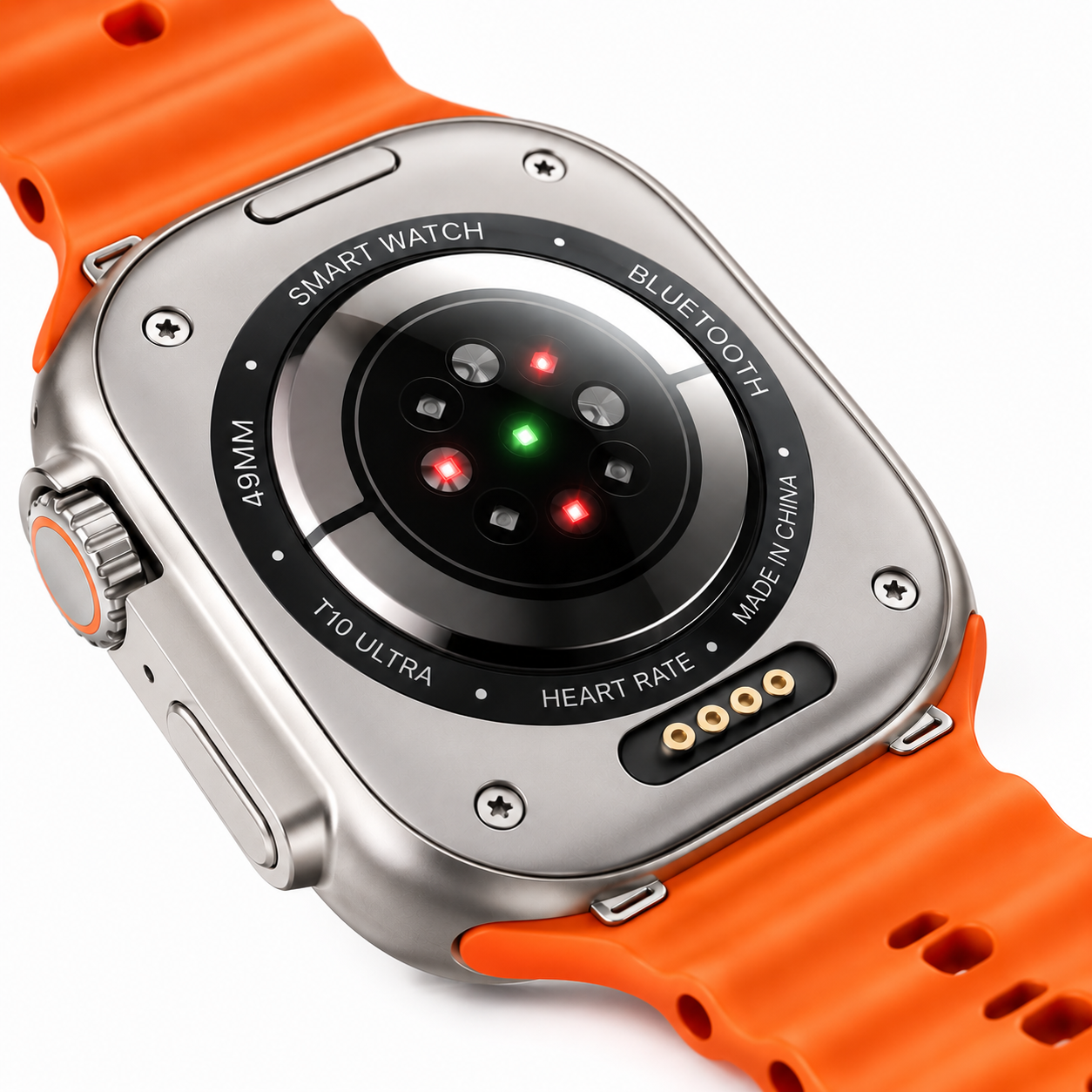 Rear view of the 49mm smartwatch showing the optical sensor array, wireless charging contacts, stainless steel back plate and quick-release orange silicone strap.