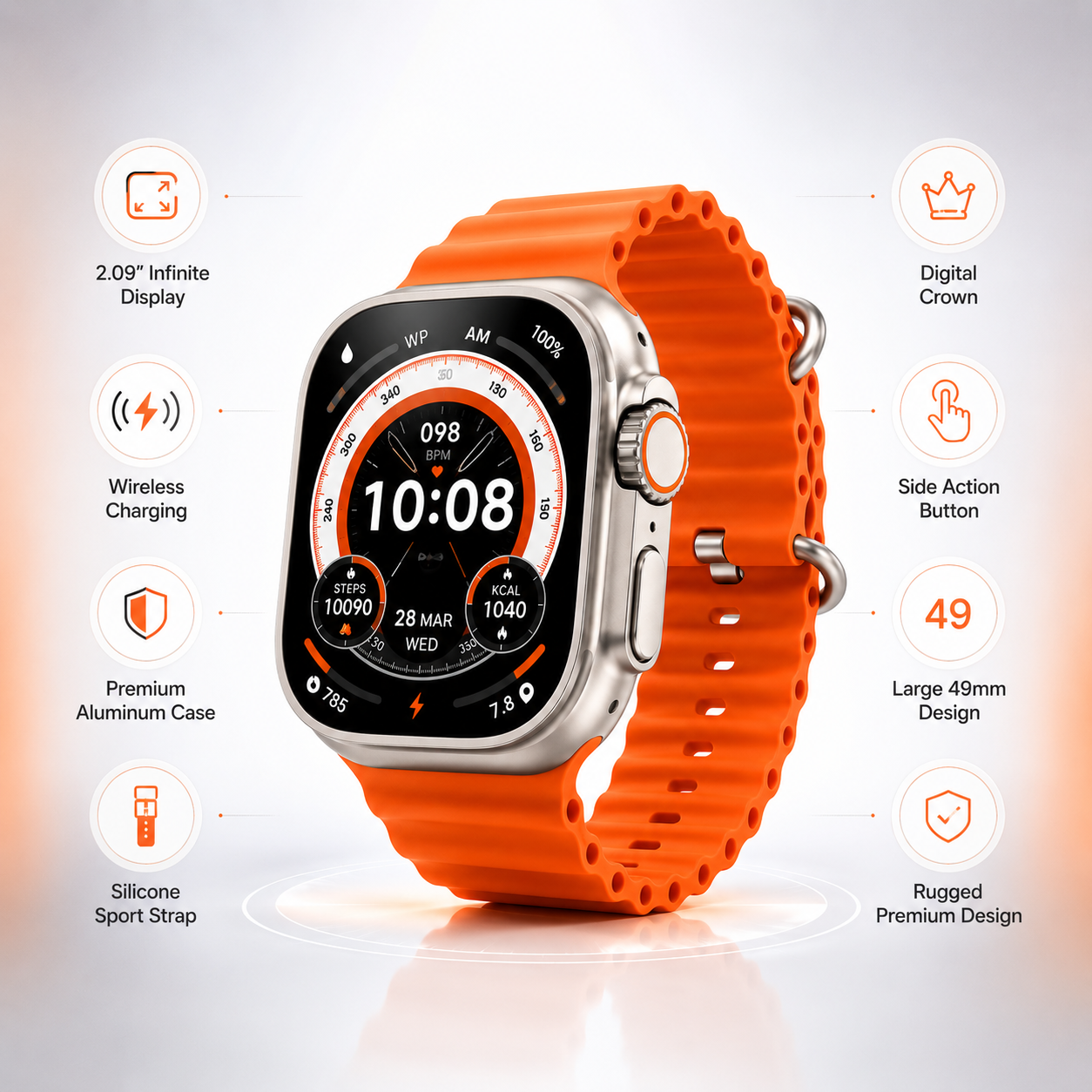 Premium 49mm smartwatch with a 2.09-inch infinity display, wireless charging, aluminium case, digital crown, side action button and orange silicone sport strap displayed alongside key feature icons