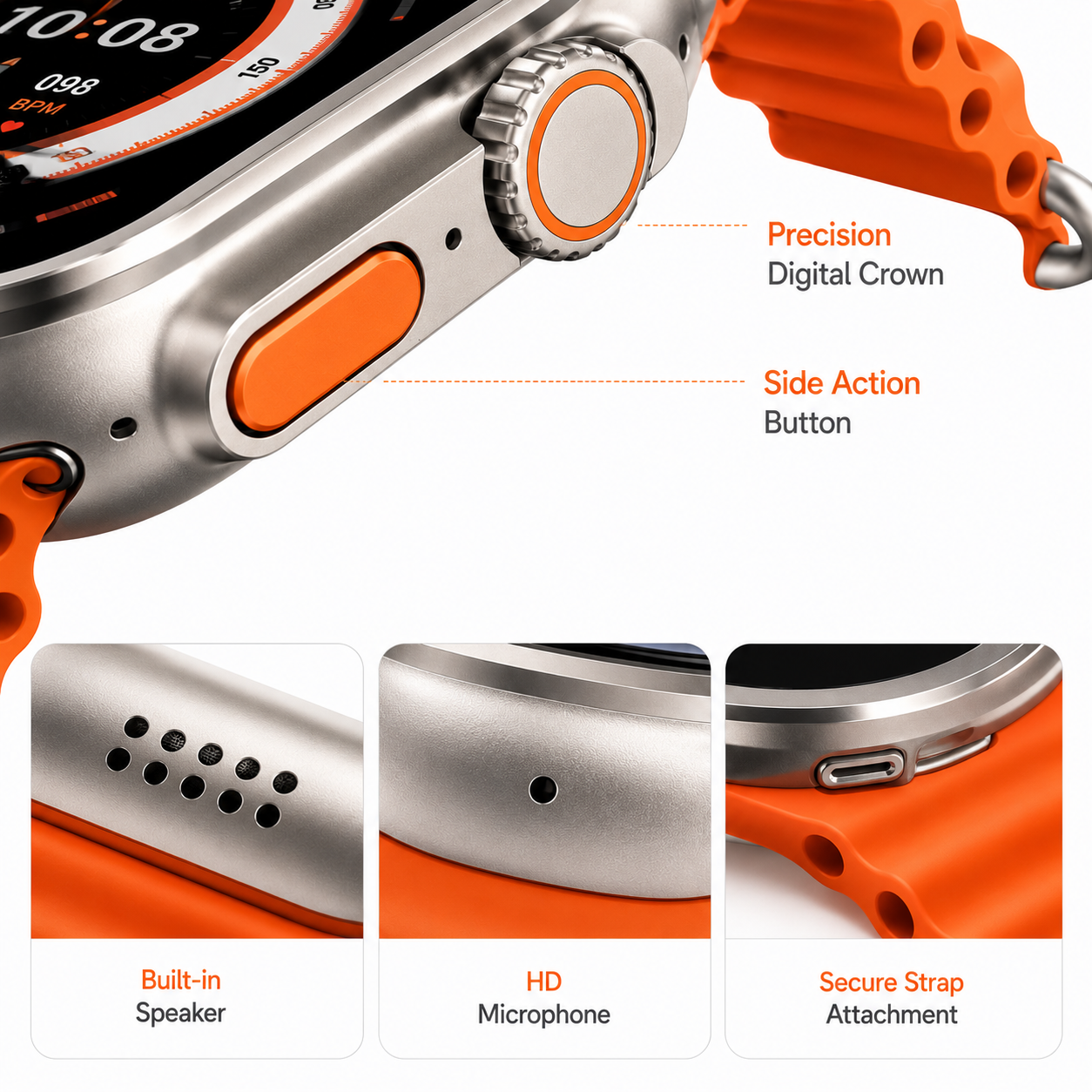 Close-up of the smartwatch's premium aluminium case featuring a precision digital crown, customizable side action button, built-in speaker, HD microphone and secure orange silicone strap attachment.