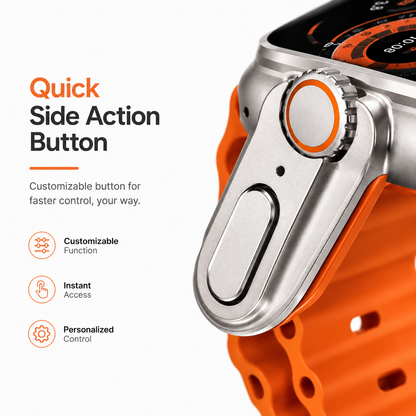 Detailed macro view of the smartwatch's customizable side action button and precision digital crown on a premium aluminium case with an orange silicone sport strap.
