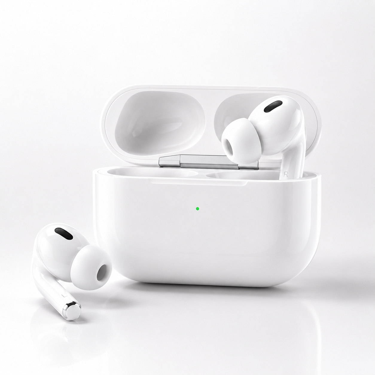 White ANC wireless earbuds with compact charging case, featuring soft silicone ear tips, Bluetooth connectivity, ergonomic in-ear design, and portable charging case on a clean white background.