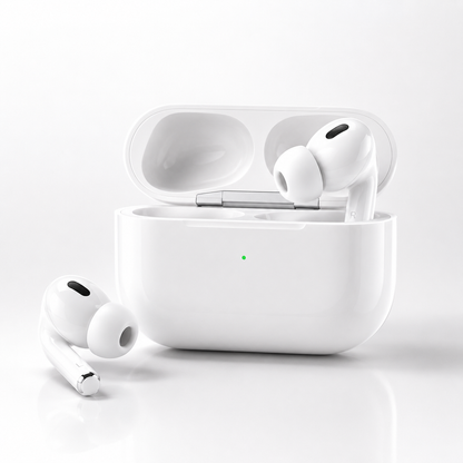 White ANC wireless earbuds with compact charging case, featuring soft silicone ear tips, Bluetooth connectivity, ergonomic in-ear design, and portable charging case on a clean white background.