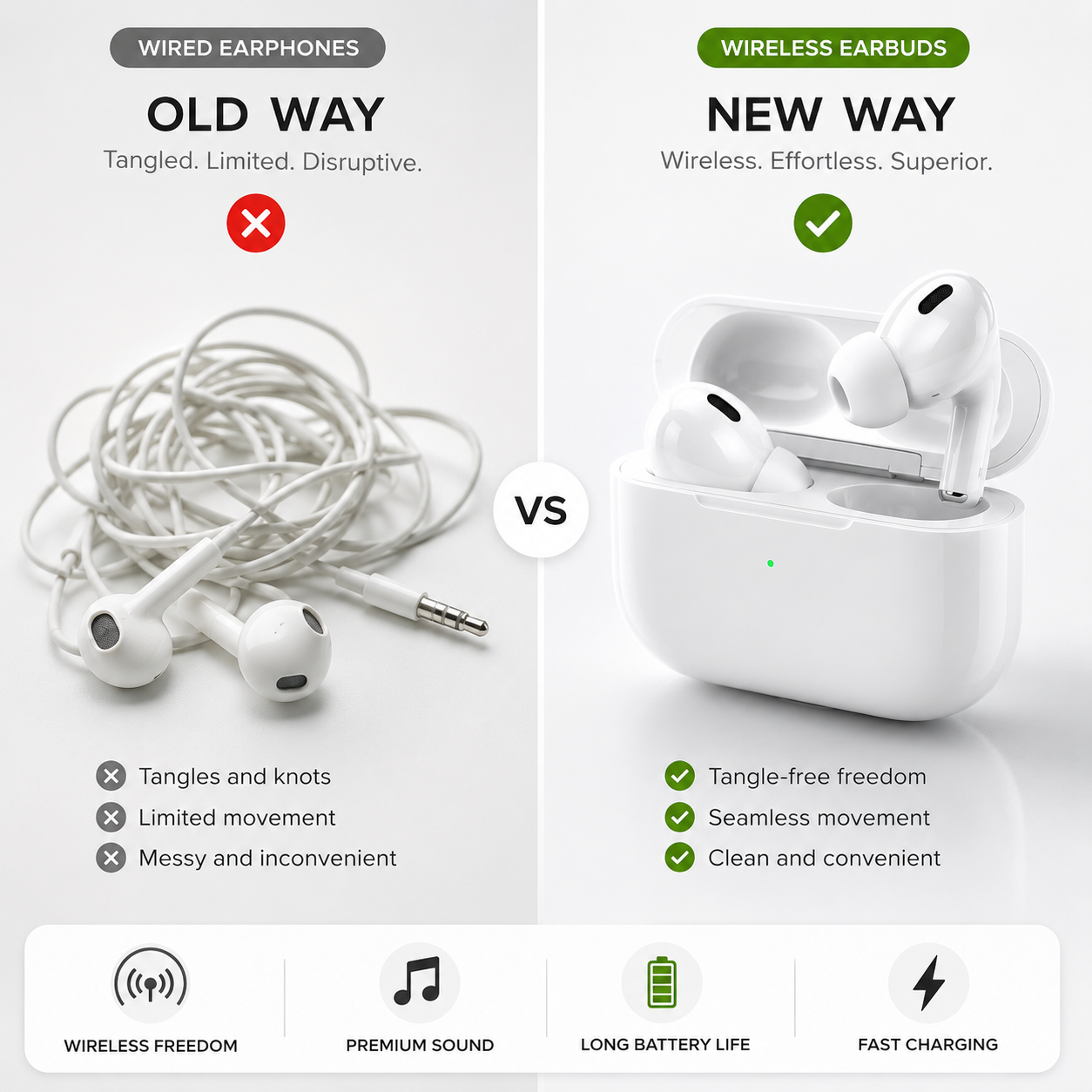 Comparison of wireless Bluetooth earbuds and traditional wired earphones, highlighting tangle-free convenience, seamless movement, premium sound quality, long battery life, and fast charging benefits.