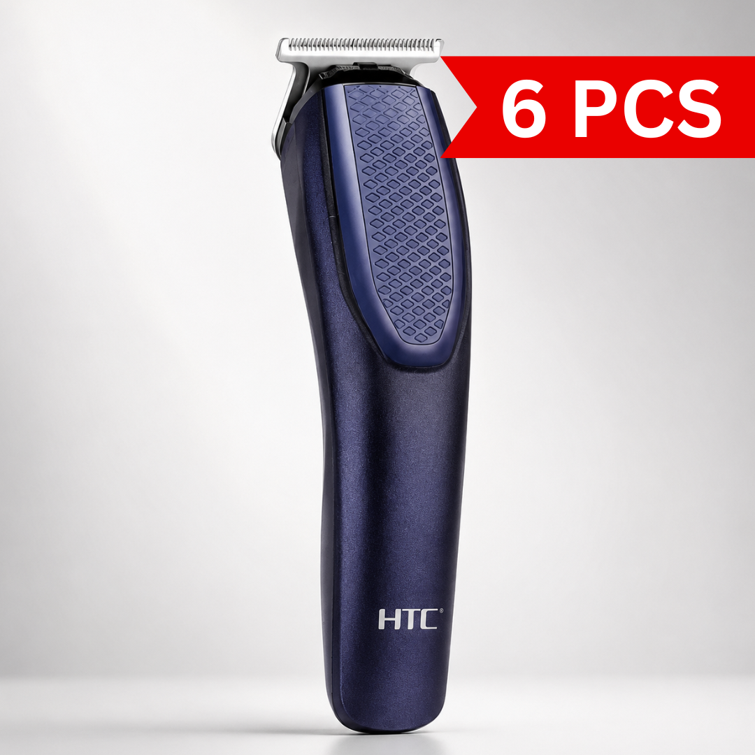 Rechargeable cordless T-blade hair trimmer in metallic navy blue finish with ergonomic textured grip, stainless steel precision blade, professional grooming tool isolated on a light grey studio background.