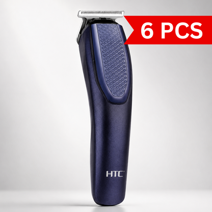 Rechargeable cordless T-blade hair trimmer in metallic navy blue finish with ergonomic textured grip, stainless steel precision blade, professional grooming tool isolated on a light grey studio background.