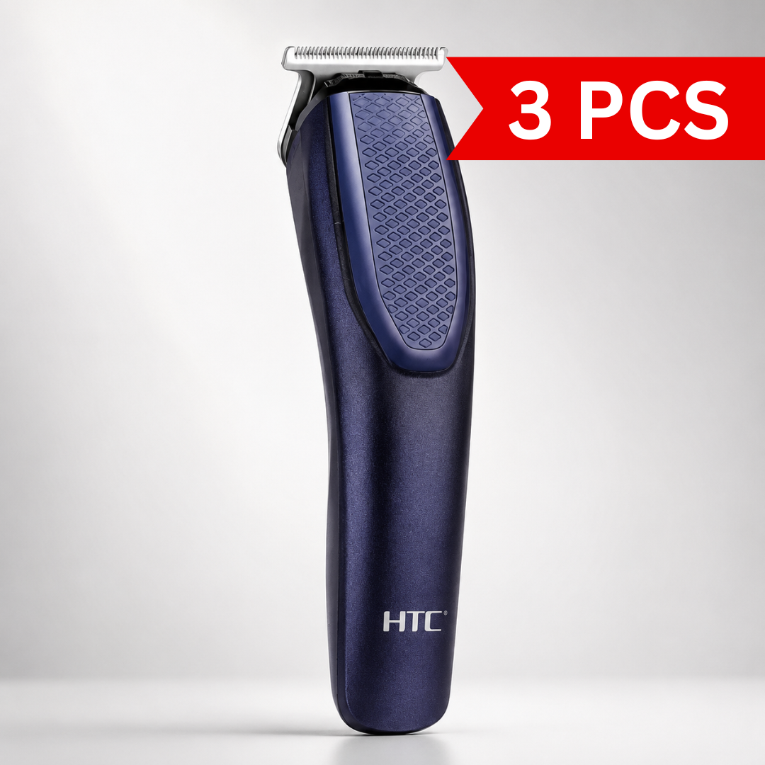 Rechargeable cordless T-blade hair trimmer in metallic navy blue finish with ergonomic textured grip, stainless steel precision blade, professional grooming tool isolated on a light grey studio background.