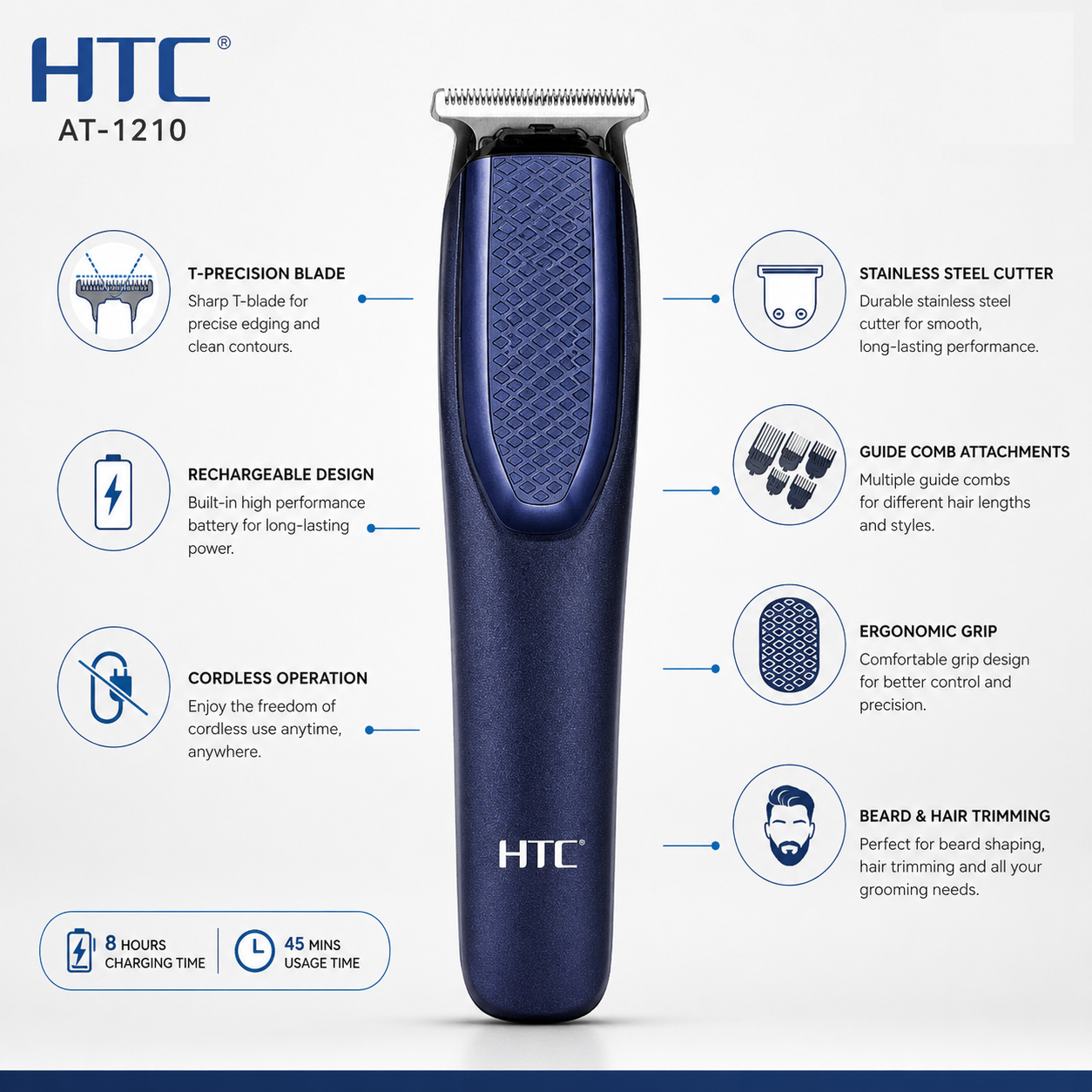 Cordless rechargeable T-blade hair trimmer with stainless steel cutter, ergonomic grip, guide comb attachments, beard and hair trimming functionality, 45-minute runtime and 8-hour charging time.
