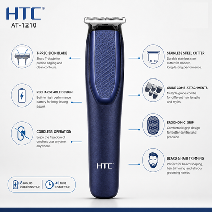 Cordless rechargeable T-blade hair trimmer with stainless steel cutter, ergonomic grip, guide comb attachments, beard and hair trimming functionality, 45-minute runtime and 8-hour charging time.
