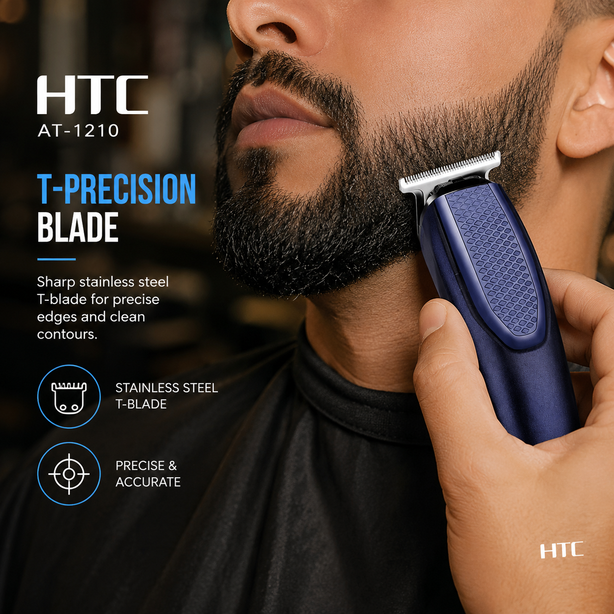 Man shaping and detailing his beard using a cordless T-blade trimmer with stainless steel blade for precise edging and clean beard contours.