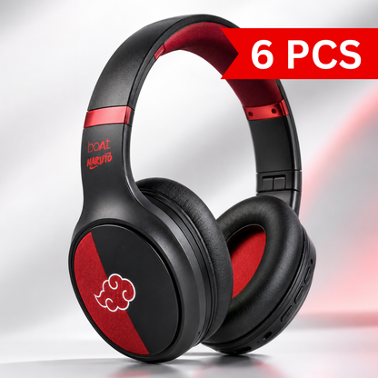 Premium studio image of Naruto Edition wireless over-ear headphones featuring soft memory foam ear cushions, adjustable headband, integrated control buttons, wireless connectivity, AUX support, and striking black and red anime-inspired finish.