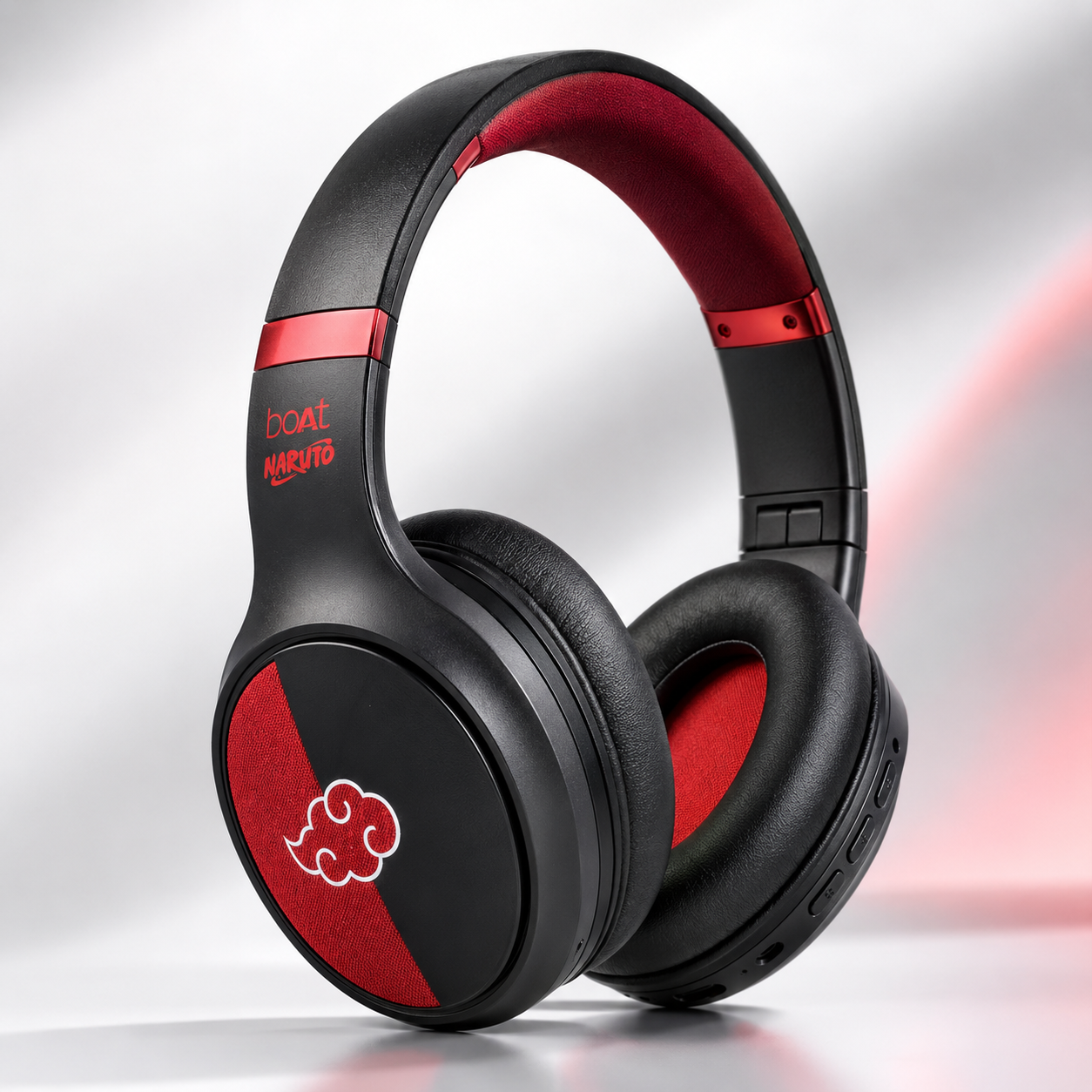 Premium studio image of Naruto Edition wireless over-ear headphones featuring soft memory foam ear cushions, adjustable headband, integrated control buttons, wireless connectivity, AUX support, and striking black and red anime-inspired finish.