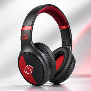 Premium studio image of Naruto Edition wireless over-ear headphones featuring soft memory foam ear cushions, adjustable headband, integrated control buttons, wireless connectivity, AUX support, and striking black and red anime-inspired finish.