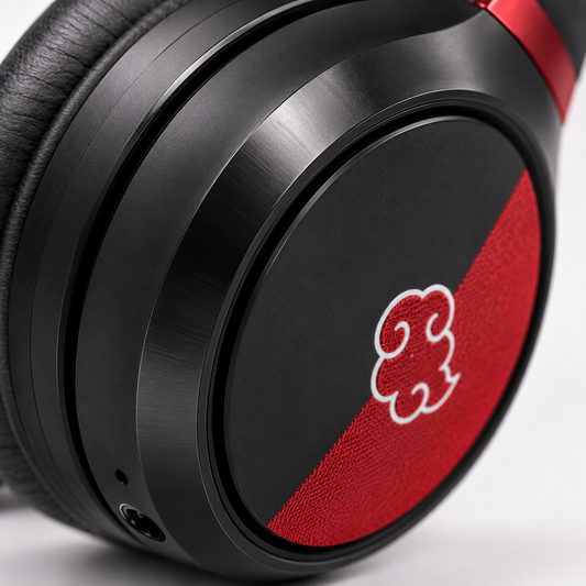 Close-up macro view of Naruto Edition wireless over-ear headphones showcasing the premium black earcup with Akatsuki cloud artwork, brushed metallic accent ring, soft leather ear cushion, and integrated AUX port