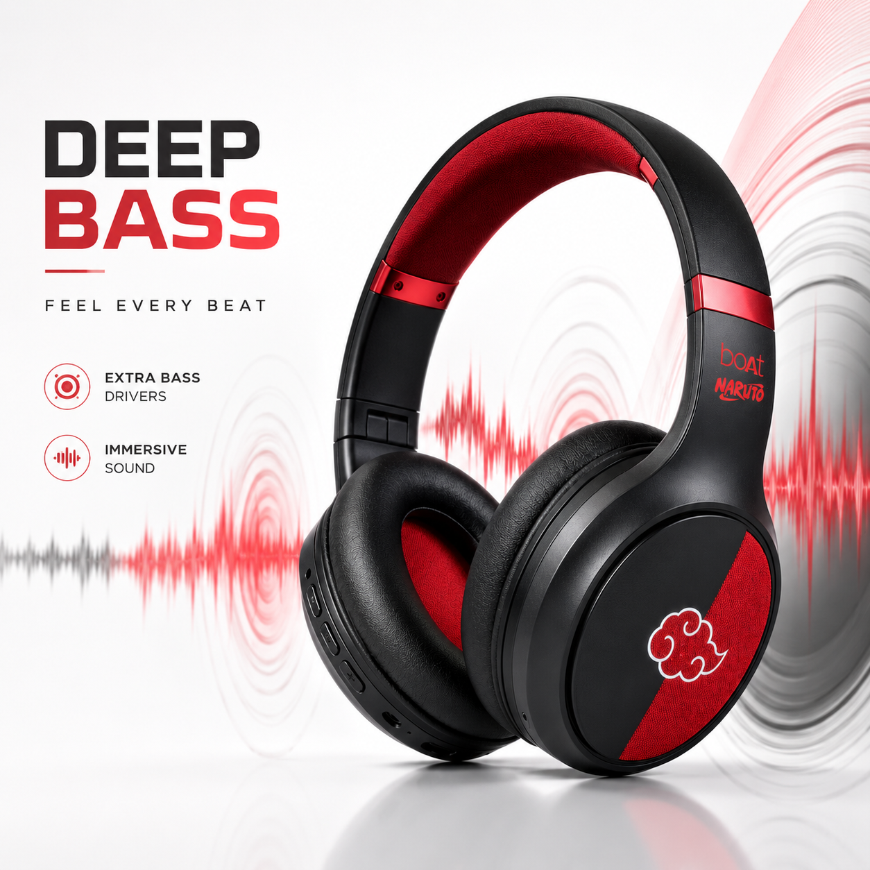Naruto Edition wireless over-ear Bluetooth headphones displayed with deep bass sound wave graphics, featuring cushioned earcups, adjustable headband, immersive stereo audio, and bold black and red anime-inspired design.