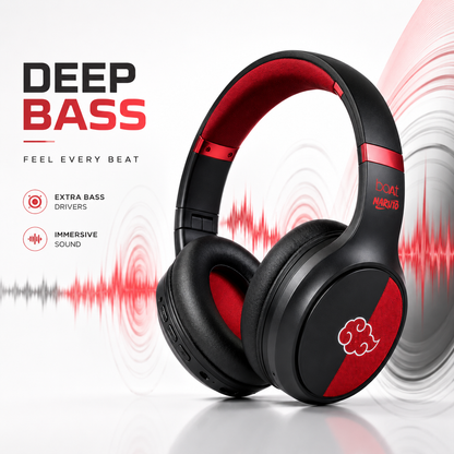 Naruto Edition wireless over-ear Bluetooth headphones displayed with deep bass sound wave graphics, featuring cushioned earcups, adjustable headband, immersive stereo audio, and bold black and red anime-inspired design.