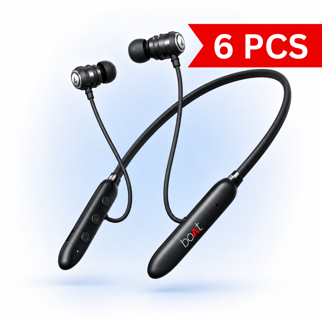 Premium product photography of a wireless Bluetooth neckband with magnetic earbuds, flexible lightweight neckband, built-in microphone, Type-C charging and ergonomic in-ear design