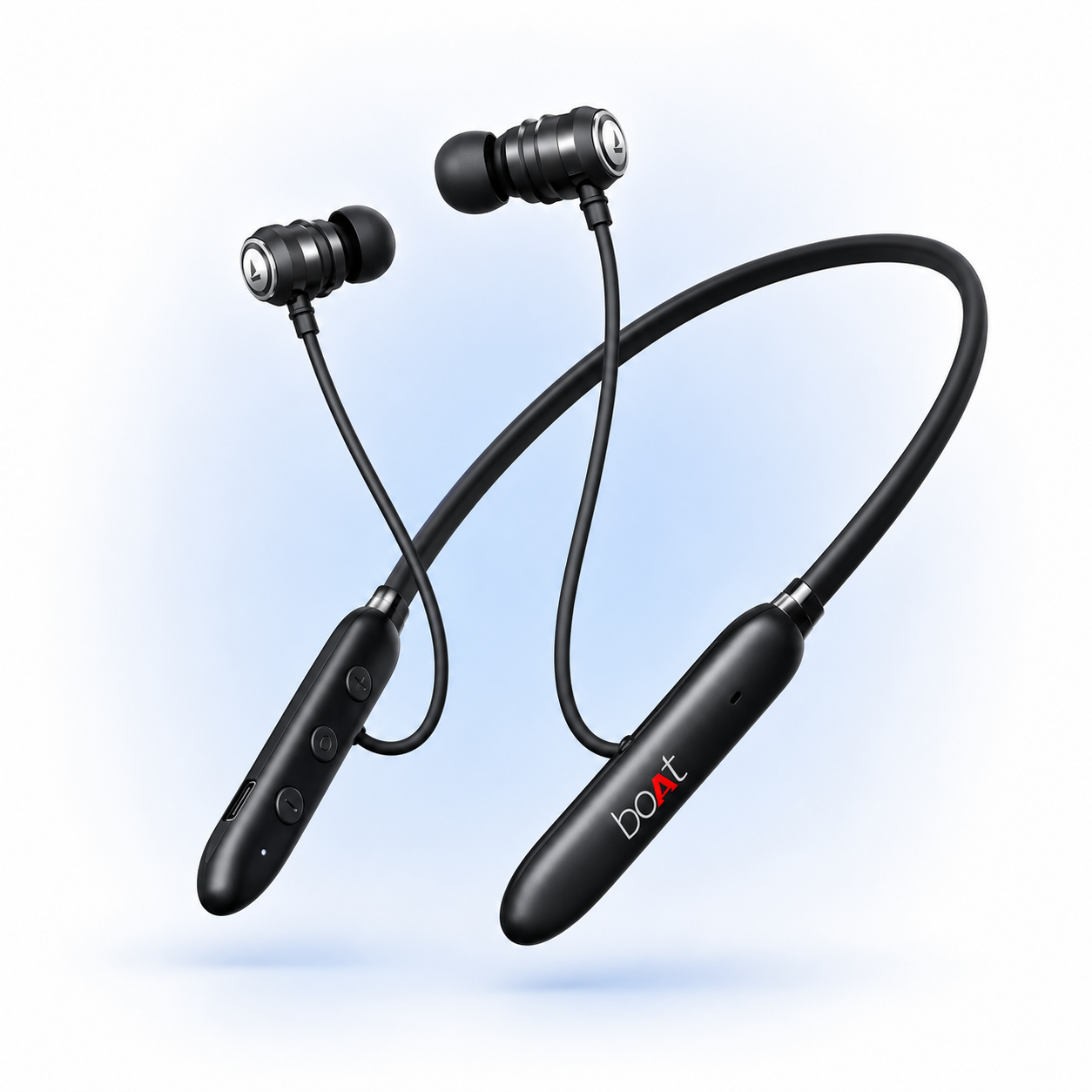 Premium product photography of a wireless Bluetooth neckband with magnetic earbuds, flexible lightweight neckband, built-in microphone, Type-C charging and ergonomic in-ear design