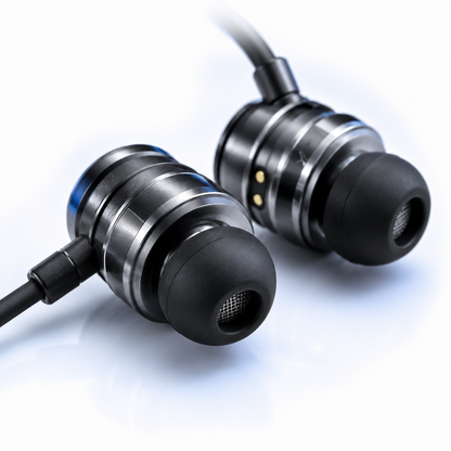 Premium close-up of magnetic wireless neckband earbuds featuring metallic-finish in-ear drivers with soft silicone ear tips, designed for comfortable fit, noise isolation and deep bass audio.