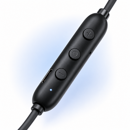 Close-up of the wireless neckband inline control module with volume buttons, multifunction button, LED indicator, built-in microphone and USB Type-C charging port for convenient music and call control.