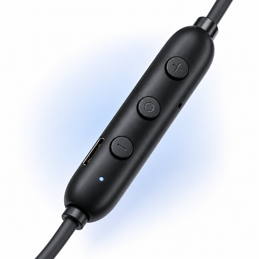 Close-up of the wireless neckband inline control module with volume buttons, multifunction button, LED indicator, built-in microphone and USB Type-C charging port for convenient music and call control.