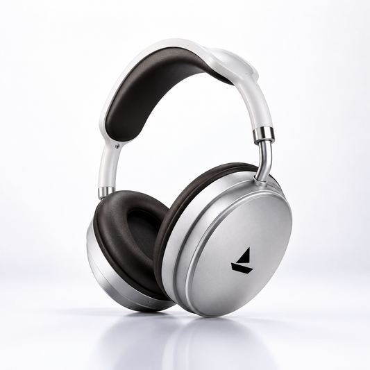 Macro close-up of the metallic silver ear cup on premium wireless Bluetooth headphones featuring a minimalist finish, soft over-ear cushioning, durable construction, and modern ergonomic design.