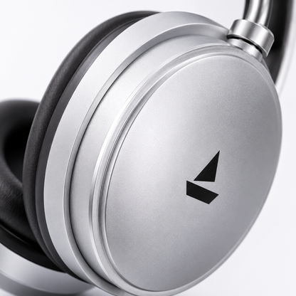 Close-up of premium wireless over-ear headphones showcasing tactile volume controls, play/pause button, mode button, built-in microphone, USB Type-C charging port, TF memory card slot, AUX audio jack, and LED indicator.