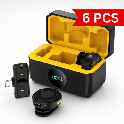 Wireless lavalier microphone with Type-C receiver, digital battery display charging case, and compact portable design.