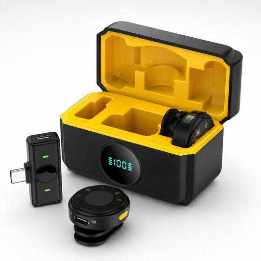 Wireless lavalier microphone with Type-C receiver, digital battery display charging case, and compact portable design.
